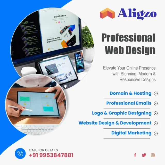 Elevate your online presence with stunning, professional, modern and responsive web designs. 

#WebDesign #GraphicDesign #DigitalMarketing #ProfessionalEmails #Aligzo #AligzoServices